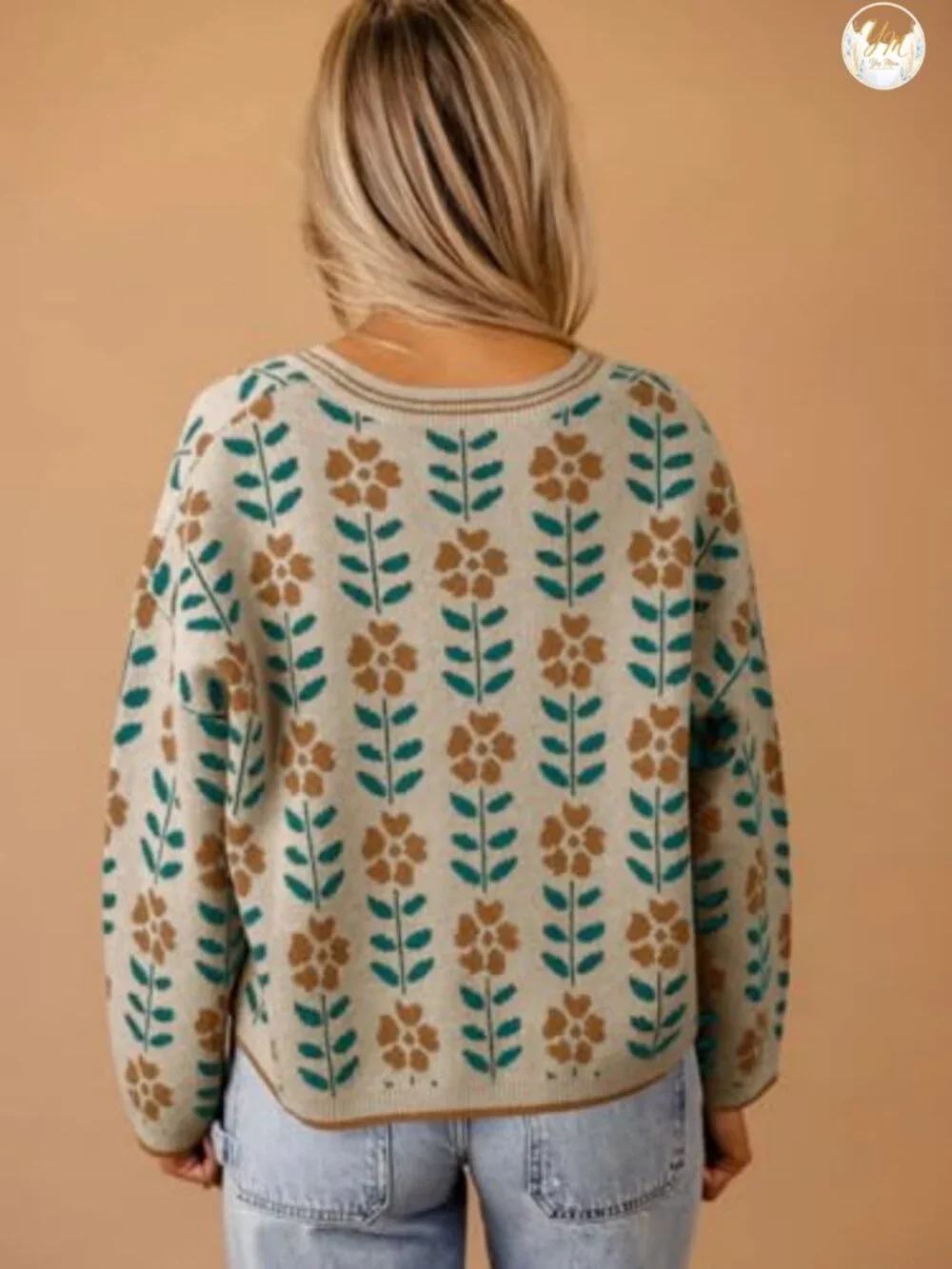 Floral Print V-Neck Cardigan Open Front Knit Sweater Long Sleeve Loose